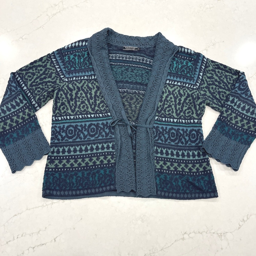 Peruvian Connection Cardigan Womens XL Blue 100% Pima Cotton Crochet Knit Boho